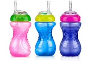 Nuby No-Spill Soft Straw Easy Grip Sippy Cup for Girls - (3-Pack) 10 Oz - 12+ Months