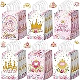Kosiz 24 Pcs Princess Party Favors Bags Paper Little Princess Gift Goodie Bags with Handles Pink Floral Castle Crown Carriage Candy Treat Pouch for Girls Birthday Baby Shower Party Decoration Supplies