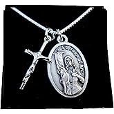 Saint Joan of Arc Necklace, Sterling Silver Cross Charm, 18" Sterling Silver Box Chain, Alloy Saint medal, Patron Saint Jewelry