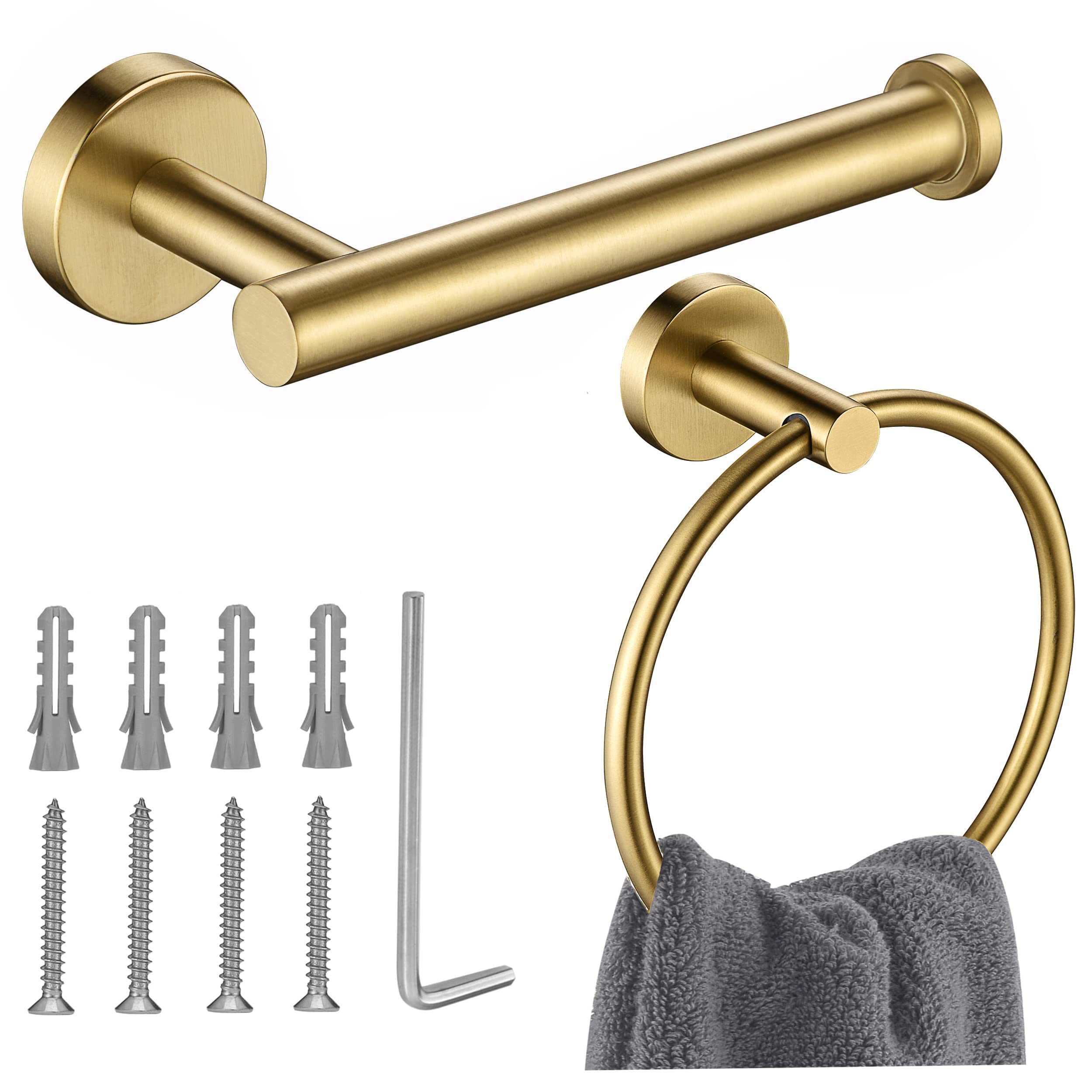Photo 1 of Gold Toilet Paper Holder, Towel Ring Set 2 Pieces Hand Towel Holder for Bathroom Hardware Accessories Set SUS304 Stainless Steel Sturdy Wall Mount Bathroom Holder…