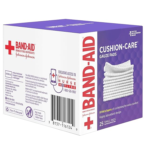 BAND-AID BRAND CUSHION CARE STERILE GAUZE PADS FOR PROTECTION OF MINOR CUT, SCRAPES & BURNS, ABSORBENT & NON-ADHESIVE FIRST AID WOUND CARE DRESSING PADS, SMALL SIZE, 2 IN X 2 IN, 25 CT