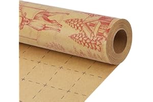 LaRibbons Christmas Kraft Wrapping Paper Roll, Rustic Red Winter Toile Theme with Deer, Snowman & Cabin – Vintage Gift Wrap for Holiday, Xmas, Winter Party Gifts