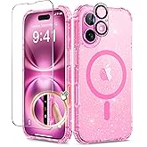 BERFY Magnetic for iPhone 16 Case, [Compatible with Magsafe], with Screen Protector + Camera Lens Protector, [Non-Yellowing] Clear Sparkly Shockproof Hard Phone Case for Women 6.1", Hot Pink