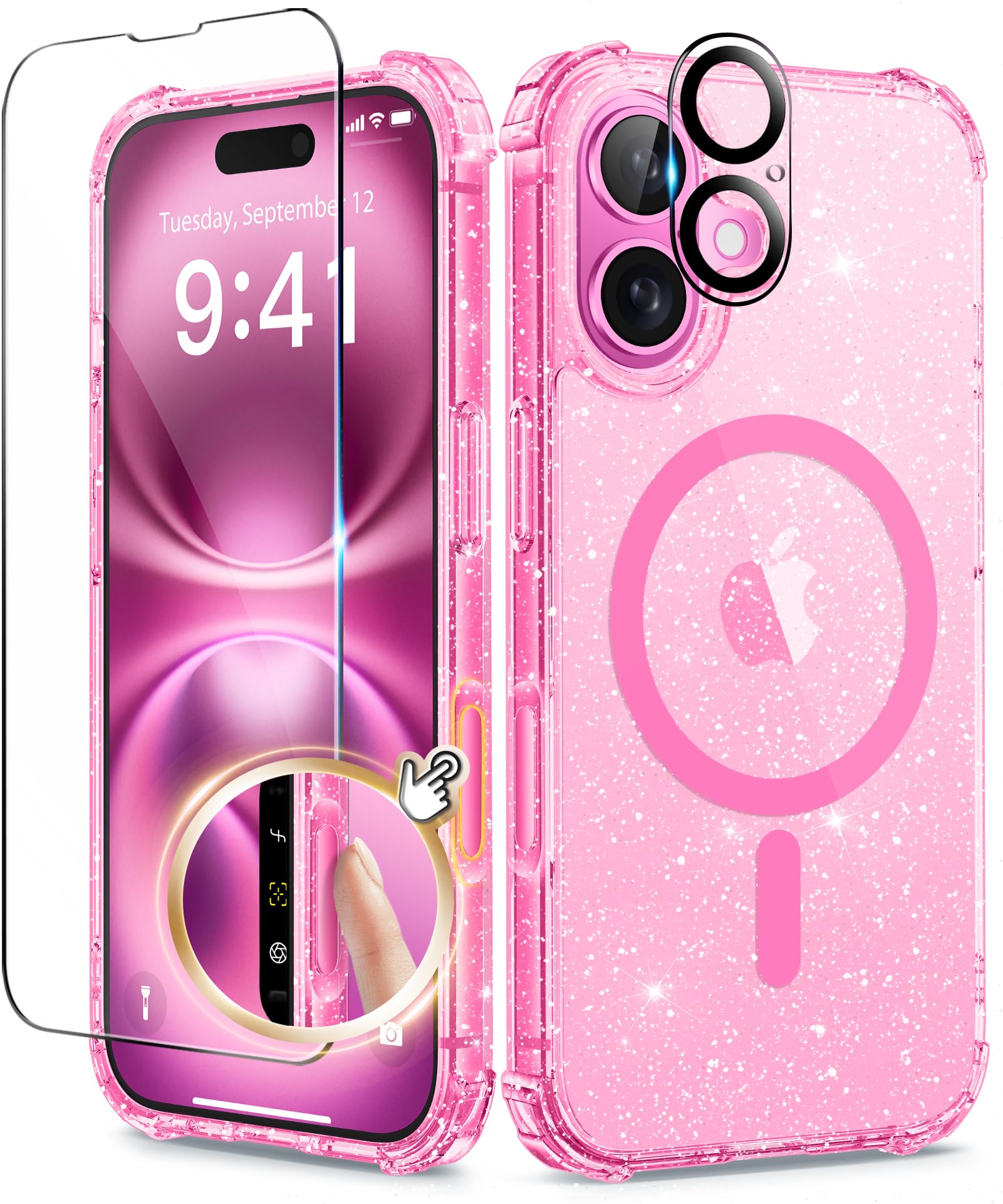 BERFY Magnetic for iPhone 16 Case, [Compatible with Magsafe], with Screen Protector + Camera Lens Protector, [Non-Yellowing] Clear Sparkly Shockproof Hard Phone Case for Women 6.1", Hot Pink
