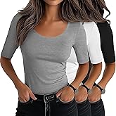 Neer 3 Pack Women's Scoop Neck Tops Half Sleeve Slim Fitted Cotton Blend Stretchy T-Shirts Tight Casual Basic Tees