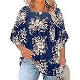 Micoson Womens Plus Size Tops 3/4 Ruffle Sleeve Shirts Crewneck Pleated Blouses Dressy Casual Fashion Tunic Top (1X-5X)