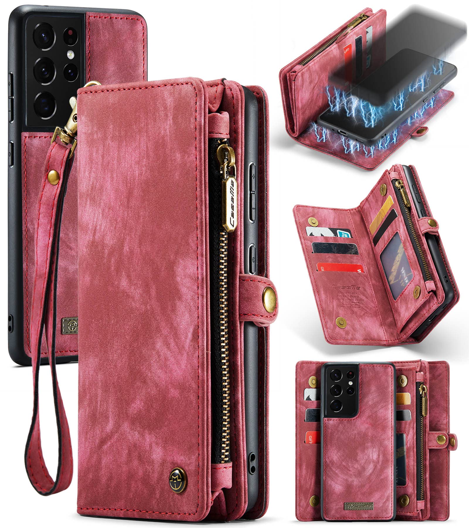 UFinetech 2-in-1 Samsung Galaxy S21 Ultra Case Wallet TPU Leather Design Flip Magnetic Slot Card Holder Zipper Stylish Luxury 2021 Detachable Purse Cover Holster for Samsung Galaxy S21 Ultra 5G Red