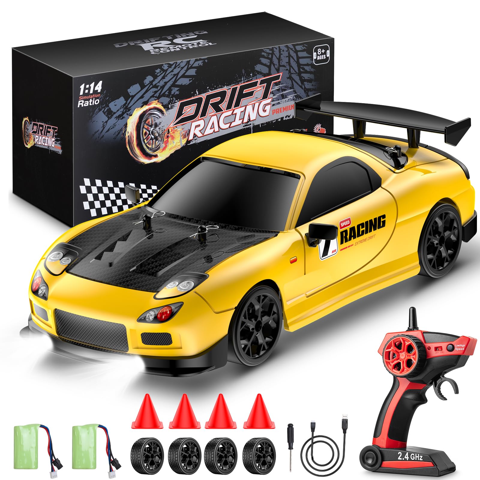 ReinbowRiff RC Drift Car, 1:14 Scale, 2.4GHz Remote Control Racing Car with LED Lights, 28km/h Speed, Dual Tyre Sets, Yellow