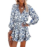 Dokotoo Spring Dresses for Women 2026 Boho Floral Drawstring V Neck Smocked Long Sleeve Ruffle Tiered Chiffon Mini Dress
