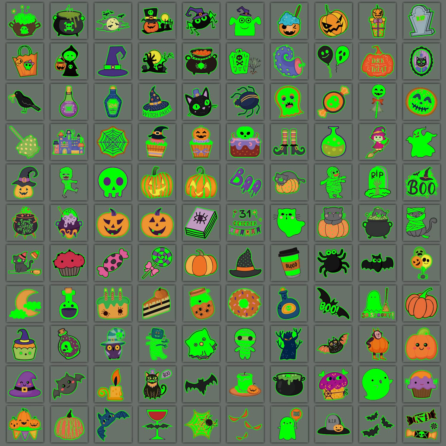 PARTYWIND 204 PCS Individually Wrapped Sheets Glow Halloween Tattoos for Kids Party Decorations, Luminous Pumpkin Tattoo Stickers, Kids Halloween Treats, Party Supplies