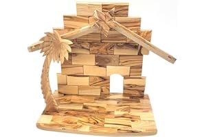 Zuluf Large Olive Wood Nativity Stable from Bethlehem - 9.7"x6.9"x10.9" Hand Carved Wooden Manger for Christmas - Indoor Holy Land Nativity Scene Display Without Figurines