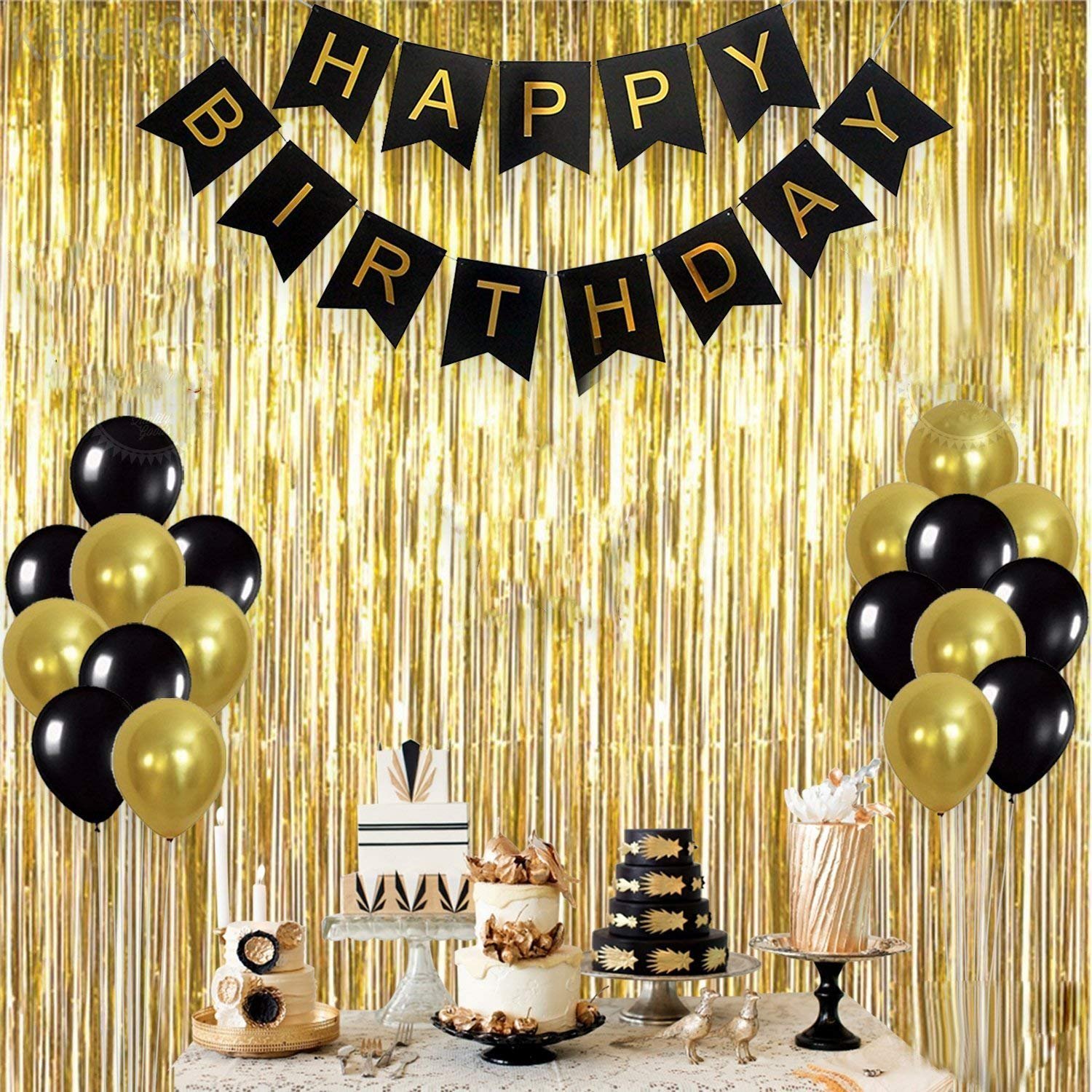 Oisee Birthday Party Decorations Set Black Gold Background Party Supplies Group Banner Honeycomb Paper Lantern Balloon Rain Curtain Tassel Paper Flower Ball