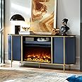 OKD Luxury 70" Fluted Fireplace TV Stand, Modern Chic Entertainment Center for TVs Up to 80 inches, TV Console with Faux Marble Top, Curved Profile Design, Media Console for Living Room, Navy Blue