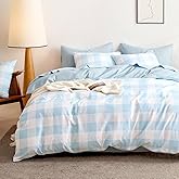 Wake In Cloud - Gingham Comforter Set, Plaid Buffalo Check Checkered Cottagecore Cute Geometric, Soft Lightweight Bedding, 3 Pieces, Light Blue White, Queen Size
