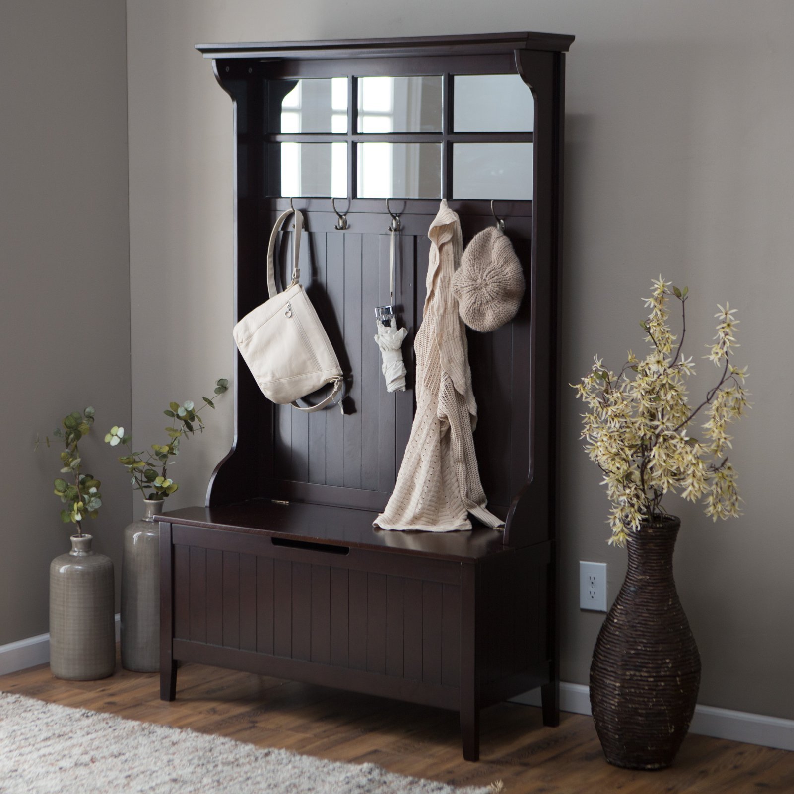 Clean and Classic Hall Tree with Storage Bench Solid Wood Frame and
