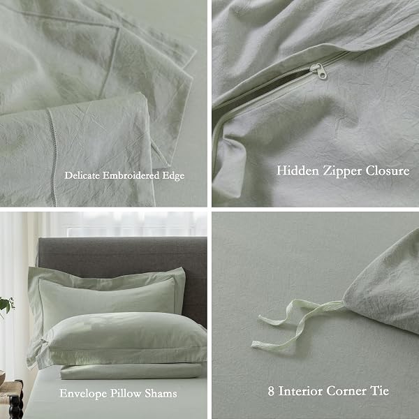 ELIMMO COOLING KING DUVET COVER SET 3 PIECES-100% WASHED COTTON WITH CHIC WIDE TRIM DESIGN LINEN LIKE TEXTURED ULTRA SOFT COZY BEDDING WITH ZIPPER CLOSURE(HEMMED SAGE GREEN,KING 104″X90″)