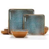 Square Melamine Dinnerware Set, 12 Pcs Rusty Green Plates and Bowls Set | Lightweight &amp; Shatterproof Dishes Set for Outdoor, Picnic, RV, Camping &amp; Everyday Use, Service for 4