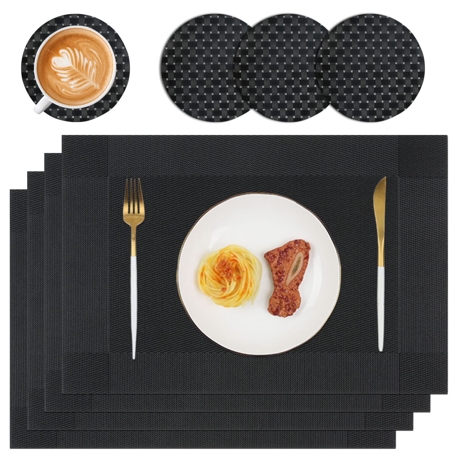 Homcomodar Table Place Mats and Coasters Set of 4 Heat Resistant Placemats Washable PVC Dining Table Mats for Kitchen Dinner Indoor Outdoor Use — image 1