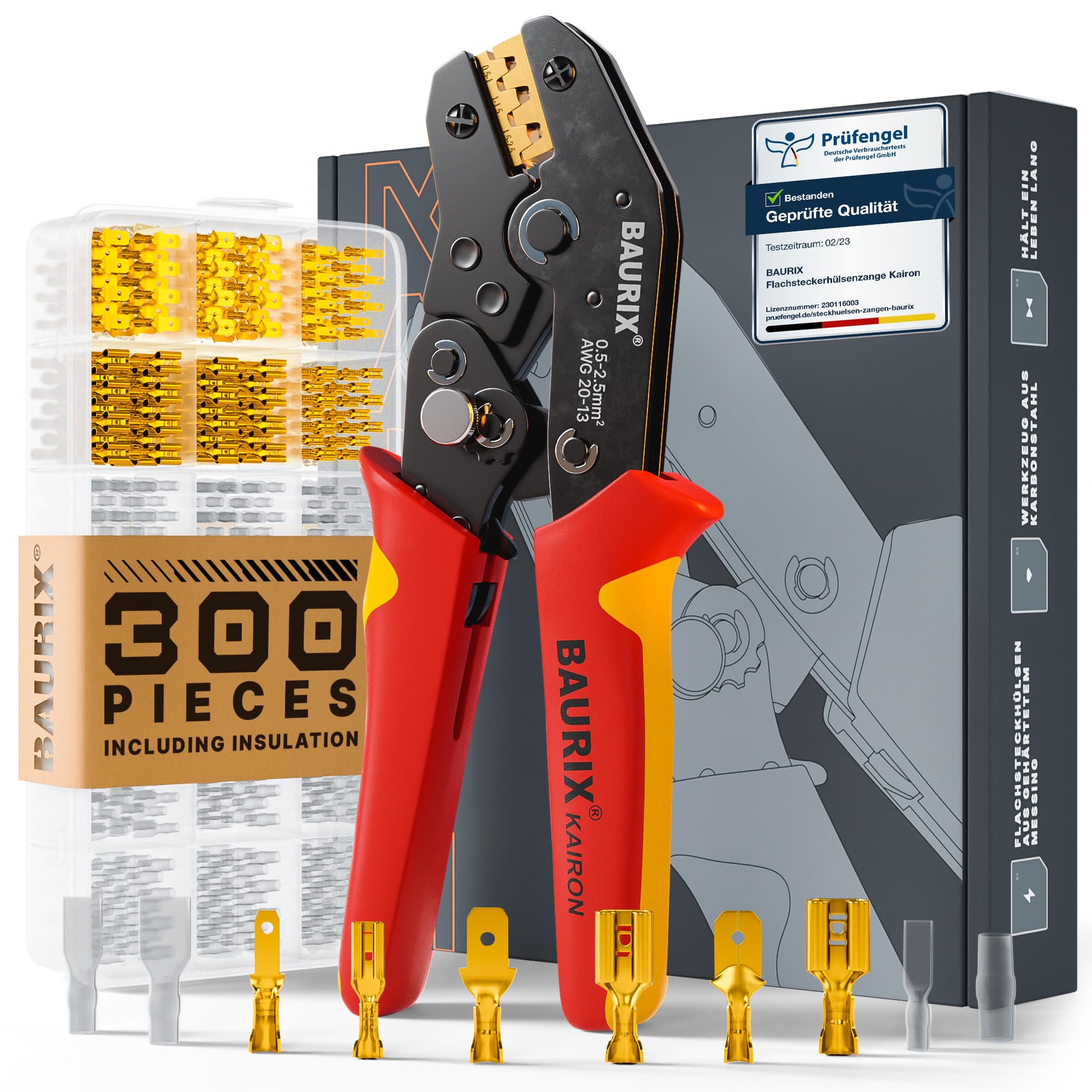 BAURIX® Crimping Pliers with 300 Pieces of Flat Receptacles Set - Crimping Pliers for Crimping Lugs [0.50-2.50mm²] - Electrical Connectors - Crimping Tool - Crimping Lugs - Flat Receptacle Pliers