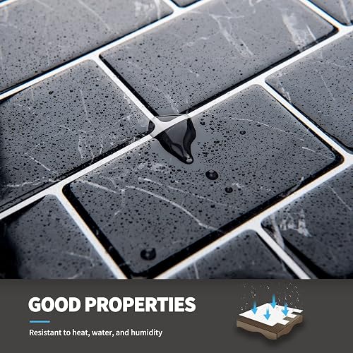 Art3d 10-Sheet Peel And Stick Backsplash Tiles – 12” X 12” Dark Grey Marble Design, 3D PU Resin, Heat & Moisture Resistant For Kitchen And Bathroom