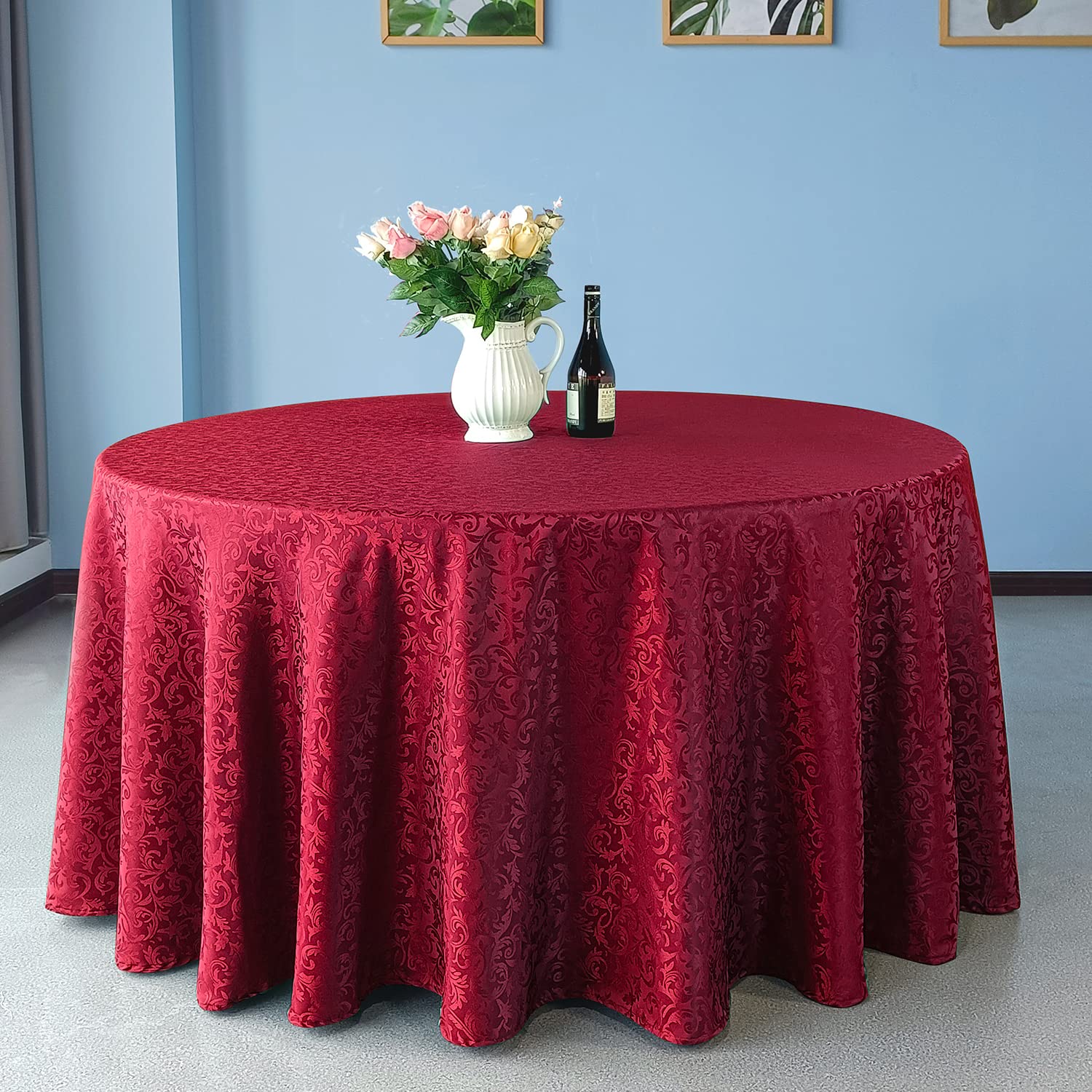 WedDecor 90" Round Damask Tablecloth Scrolled Leaves Pattern Seamless Circular Linen Table Cover For Restaurant, Dining, Weddings & Events Table Decorations, Red, 1pc