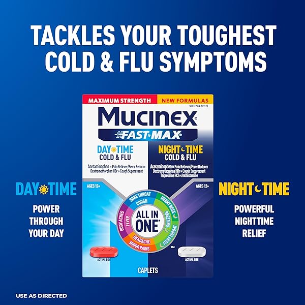 MUCINEX FAST-MAX MAXIMUM STRENGTH DAY & NIGHT COLD AND FLU MEDICINE FOR ADULTS, POWERFUL OVER-THE-COUNTER MEDICATION FOR COLD & FLU SYMPTOMS, FAST RELEASE CAPLETS, 40 COUNT