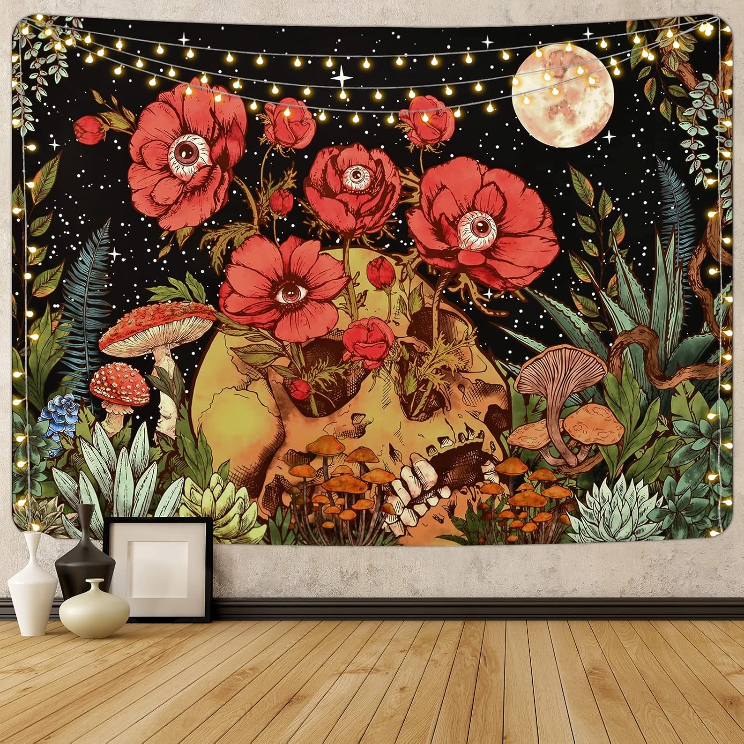 Tapestries - Uspring Skull Floral Tapestry Flowers Skeleton Tapestry Moon Garden Tapestry Mushroom Plants Tapestry Vintage Tapestry Wall Hanging for Room (51.2 × 59.1 inches)