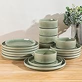 GBHOME 12-Piece Stoneware Dinnerware Set for 4 – Ribbed Ceramic Plates and Bowls, Scratch-Resistant, Microwave & Dishwasher Safe, Reactive Glaze, Light Green