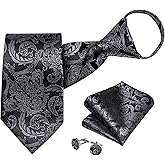 DiBanGu Silk Zipper Ties for Men,Paisley Solid Plaid Pre-tied Tie and Pocket Square Cufflinks Set Formal Adjustable Necktie