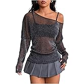 Milumia Women's Long Sleeve Sparkly Sheer Mesh Top Off Shoulder See Through Sequin Top Rave Clubbing Outfits