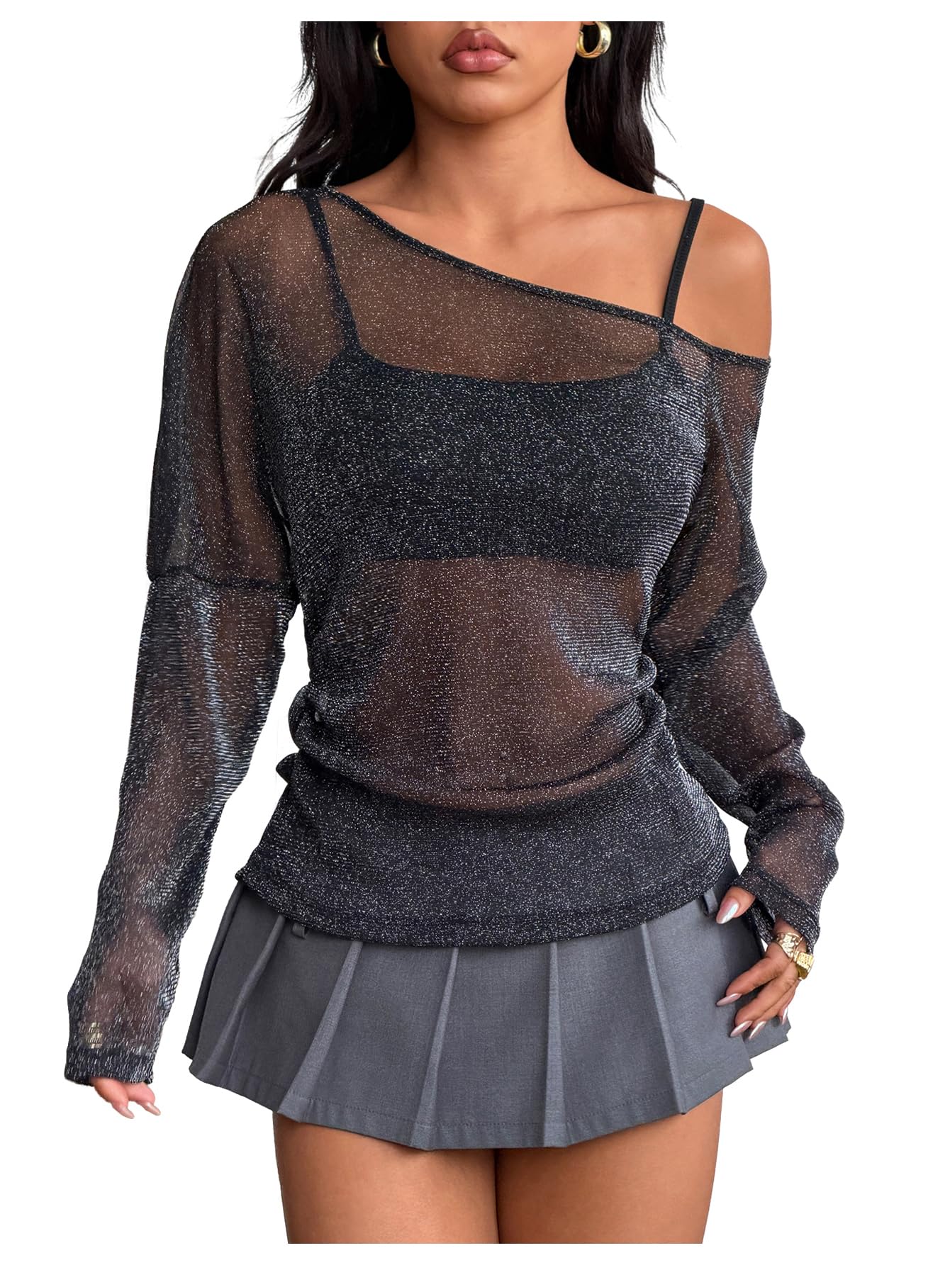 Photo 1 of Milumia Women's Long Sleeve Sparkly Sheer Mesh Top Off Shoulder See Through Top Clubbing Rave Concert Black