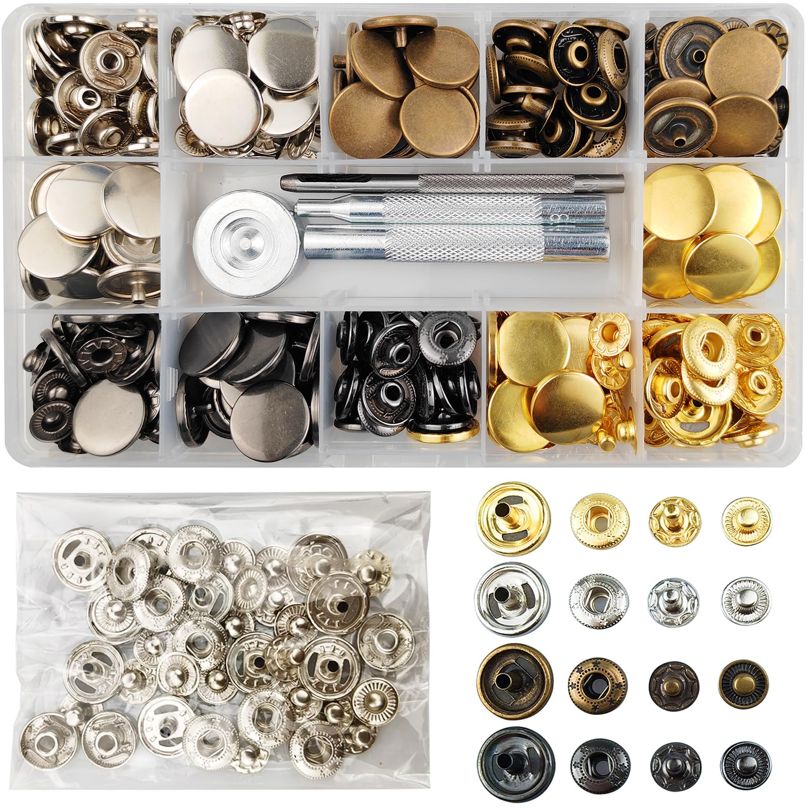 TmppDeco 90 Sets 17mm Brass Snap Fastener Kit with 4 Setting Tools, 4-Color Press Studs No Sewing Snap Buttons for Sewing, Clothes, Jackets, Leather, Jeans Wears, Bracelets, Bags