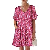 ANRABESS Dresses for Women Summer 2026 V Neck Ruffle Sleeve A Line Tiered Flowy Casual Trendy Mini Beach Dress with Pockets