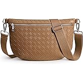 KALIDI Woven Crossbody Bags for Women Travel Vegan Leather Fanny Packs for Woman Cross Body Purse Fashion Belt Bum Bag with Wide Strap