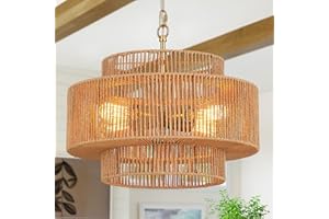 Widluth 17.7" Boho Rattan Chandelier Light Fixture 4-Light Hand-Woven Bamboo Vintage Farmhouse Chandelier Drum Wicker Golden Chandeliers for Dining Room, Kitchen Island, Bedroom, Foyer