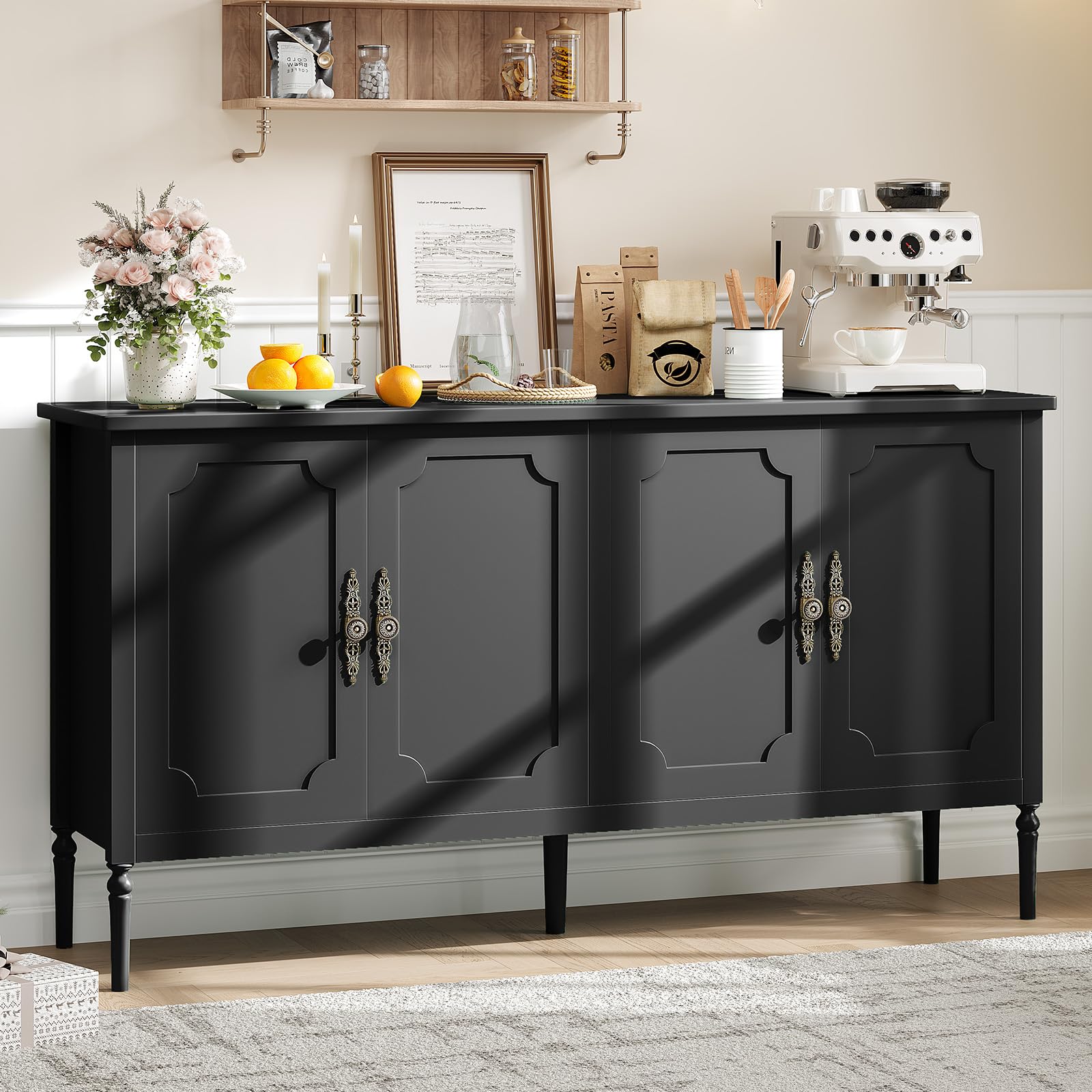 Photo 1 of Large Sideboard Cabinet, 59'' Modern Credenza Buffet Table Coffee Bar Wine Bar, Storage Cabinet with Adjustable Shelves for Kitchen, Coffee Bar, Living Room, Black