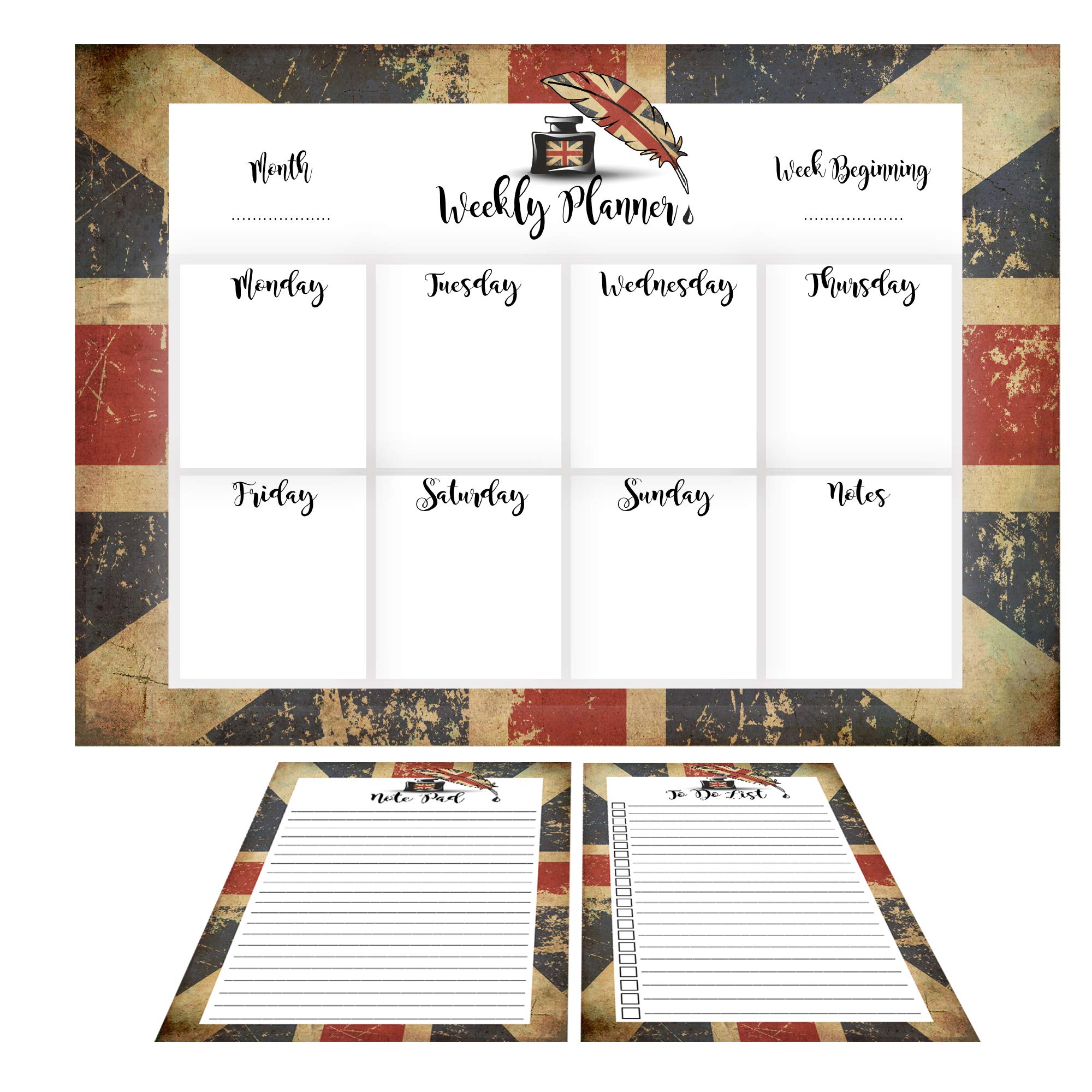 A4 Desk top Weekly Planner desk pad 52 pages, To Do List pad and Note pad Xmas Gift Set daily planning shopping lists office students families Made In UK magnetic back (Union Jack)