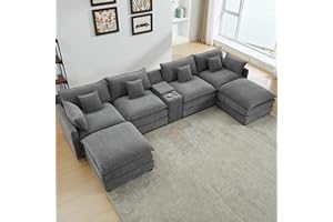 ONEMMLION 145" U Shaped Cloud Couch Sectional for Living Room, Oversized Modern Modular Sofa with Movable Ottoman, Comfy Fluffy Chenille 6 Seat Sofa Set with Central Console & USB Ports, Grey
