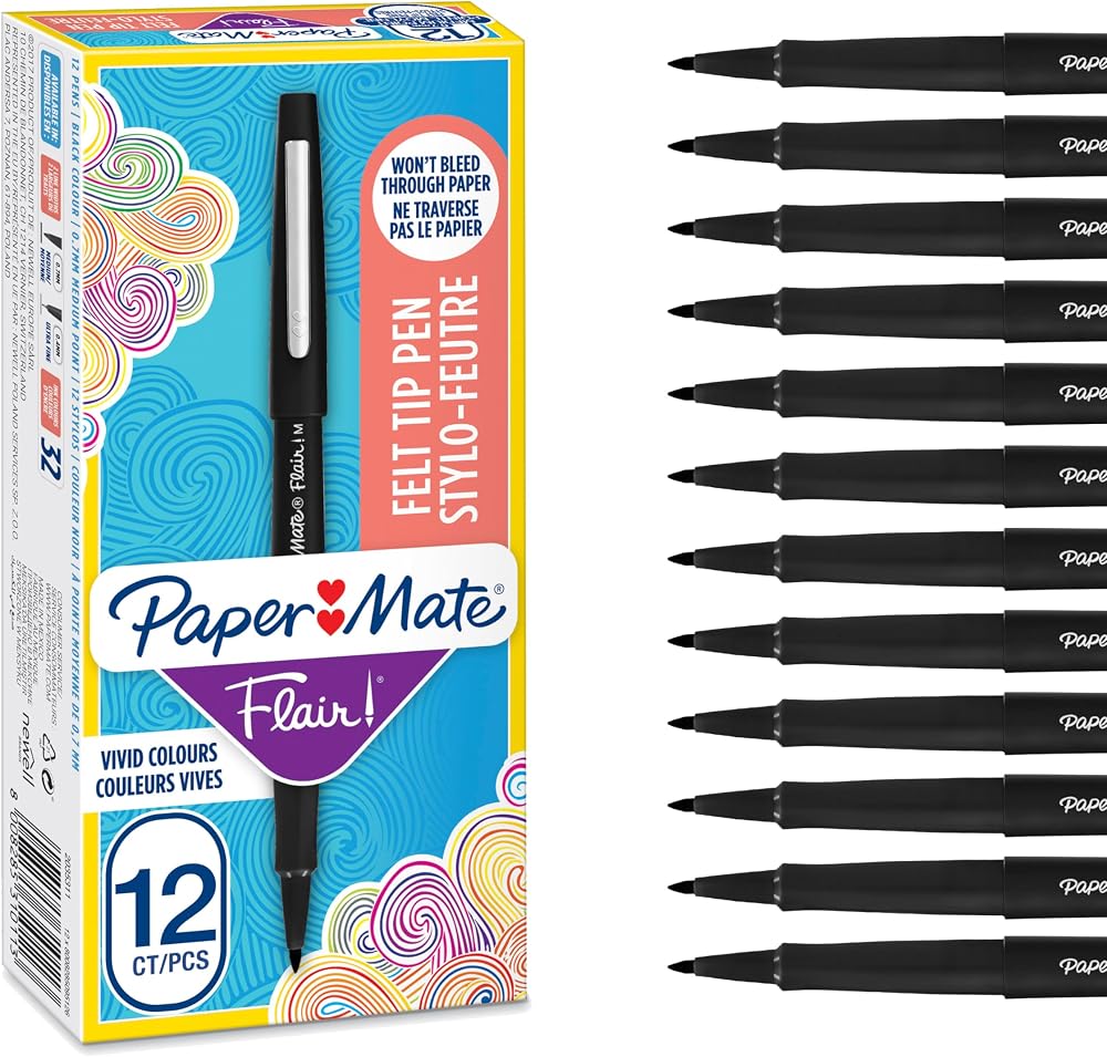 Paper Mate Flair Felt Tip Pens Medium Point 0.7 mm Black 12 Count