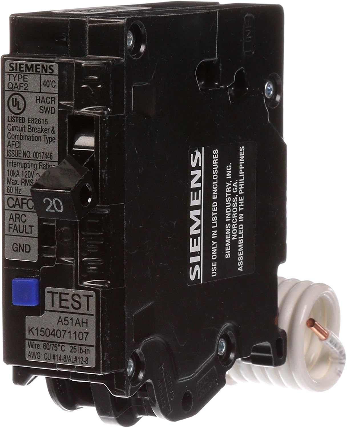 Siemens QA120AFCP 20-Amp Single Pole 120-volt Plug-On Combination AFCI Breaker - - 