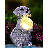 Tiejiajiang Dog Garden Statues - 8.4 Dog Decor with Gazing Ball LED Lights, Unique Gifts for Mom Grandma Birthdays, Outdoor Decor for Outside Lawn Porch Patio (Gray)