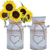 Dicunoy 2 PCS Metal Milk Can Jug, 7.5" Rustic Flowers Vases, Vintage Galvanized Farmhouse Bucket, French Shabby Chic Decor for Dried Floral Arrangements, Home, Christmas, Wedding Table Centerpiece