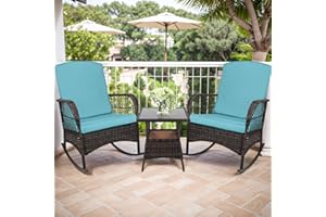 CHABATREE 3 pcs Rocking Bistro Set Conversation Chairs PE Wicker Outdoor Rocking Chairs (Lake Blue)