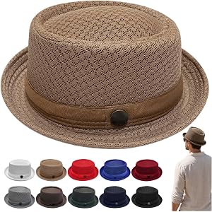 Summer Breathable Mesh Pork Pie Hat, Lightweight Fedora Bowler Hat, Classic Straw Sun Hat for Men, Vacation Cruise Party