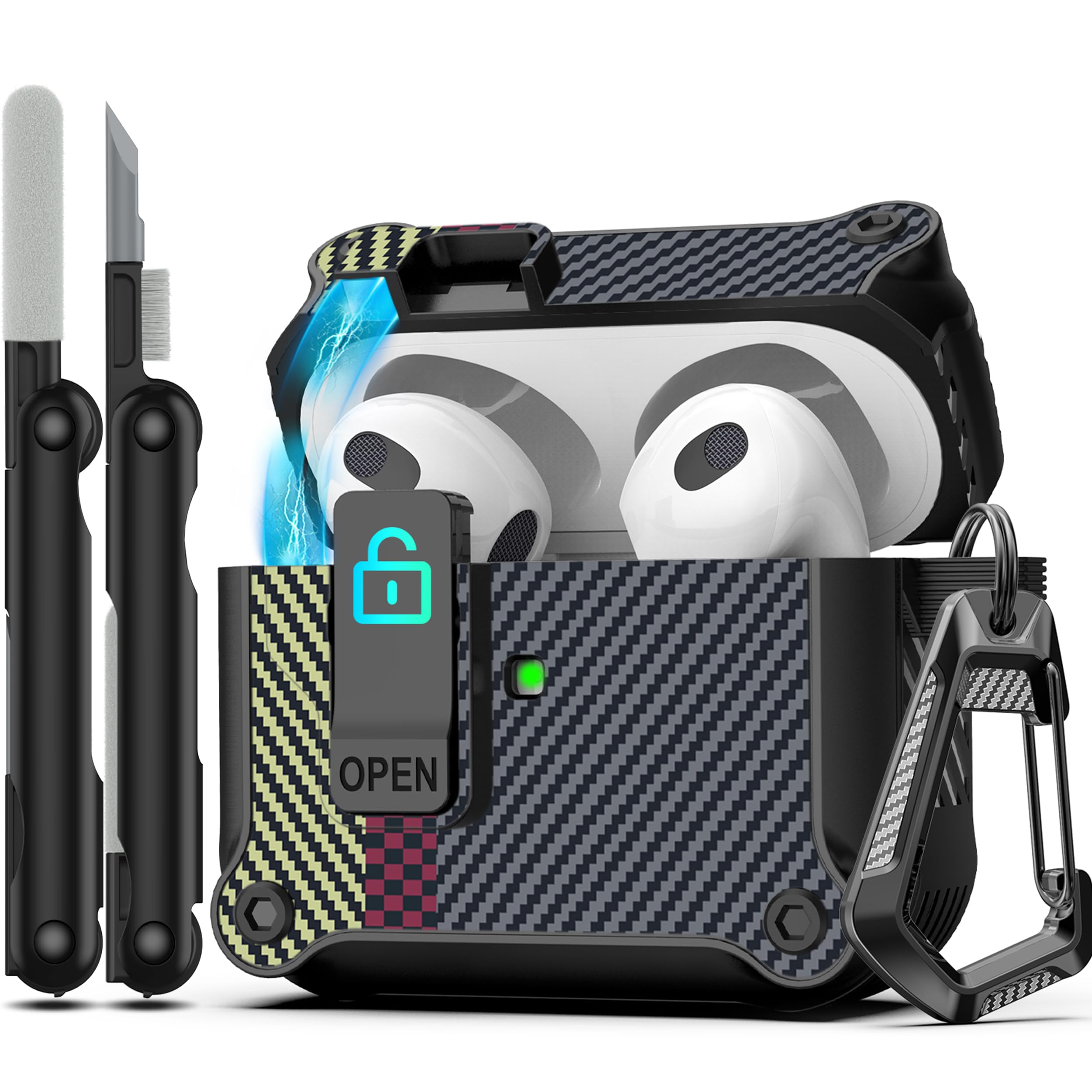 Photo 1 of RFUNGUANGO for Airpods 3rd Generation Case with Secure Lock Clip, Full Body Shockproof Hard Shell Protective, AirPods 3 Case for with Apple AirPod 3rd Gen 2021 [Front LED Visible] -Carbon Fiber Gray