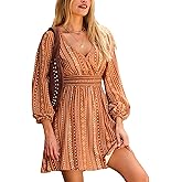 CUPSHE Womens Fall Boho Floral Dresses Long Sleeve V Neck Mini Dress Smocked Short Wedding Guest Dress