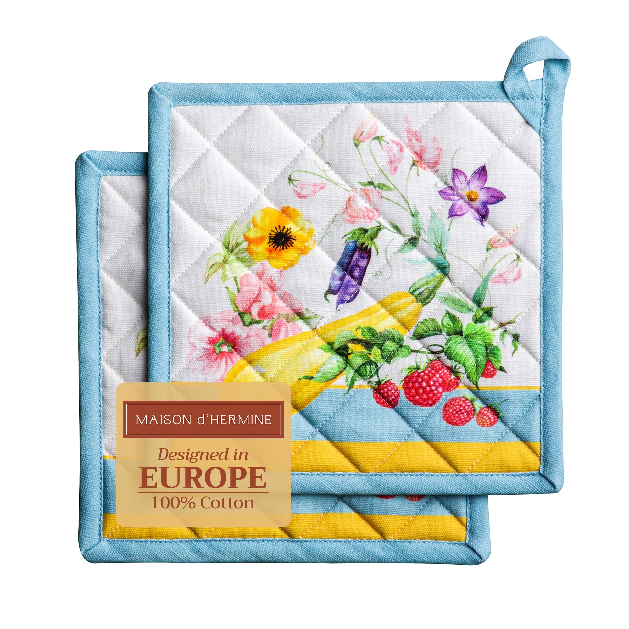 Maison d' Hermine Pot Holders Set 100% Cotton Heat Resistant Potholders 20 cm x 20 cm Hot Pads with Loop for BBQ Cooking Baking Handling Hot Pans Gifts for Mothers Day (Pack of 2, Giverny)