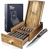 SYOKAMI Steak Knives Set of 6 with Drawer Organizer, 4.8 Inch High Carbon Japanese Style Non Serrated Meat Knife with Wood Handle, Damascus Pattern Full Tang Design, Razor-Sharp Dinner Knives
