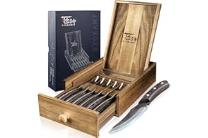 SYOKAMI Steak Knives Set of 6 with Drawer Organizer, 4.8 Inch High Carbon Japanese Style Non Serrated Meat Knife with Wood Ha