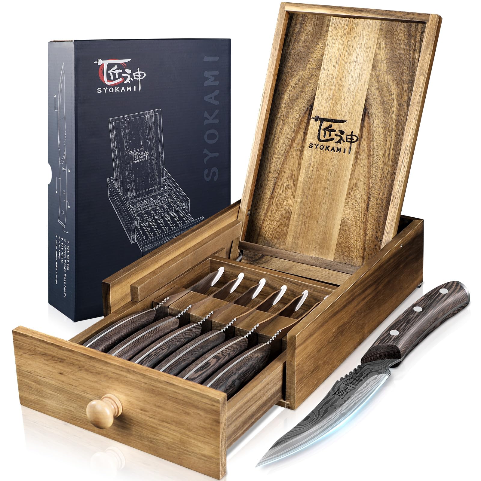 Photo 1 of SYOKAMI Steak Knives Set of 6 with Drawer Organizer, 4.8 Inch High Carbon Japanese Style Non Serrated Meat Knife with Wood Handle, Damascus Pattern Full Tang Design, Razor-Sharp Dinner Knives